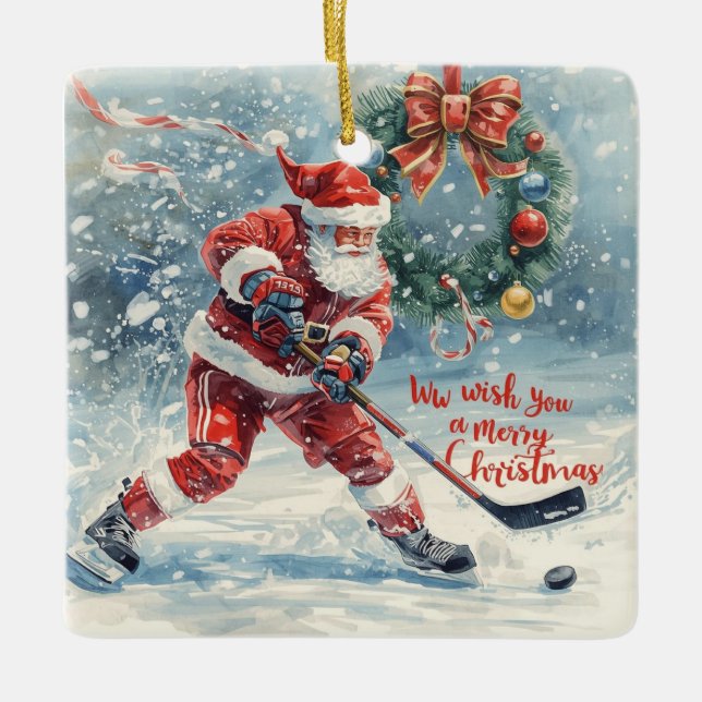 Adorno De Cerámica Tarjeta de Navidad de Hockey de Santa (Anverso)