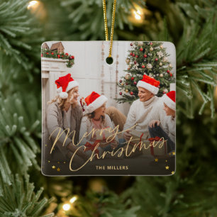 Adorno De Cerámica Tarjeta de Navidad familiar foto alegre dorada