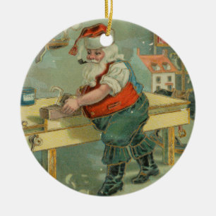 Adorno De Cerámica Tarjeta de Navidad Vintage - Santa en su taller