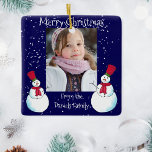 Adorno De Cerámica Tarjeta de Navidades fotográficos de Snowman perso<br><div class="desc">Un lindo Navidad personalizado mantiene el adorno de sake con un diseño feliz de muñecos de nieve. Simplemente agrega tu foto y texto para crear una decoración de árbol única perfecta para regalar a la familia y amigos.</div>