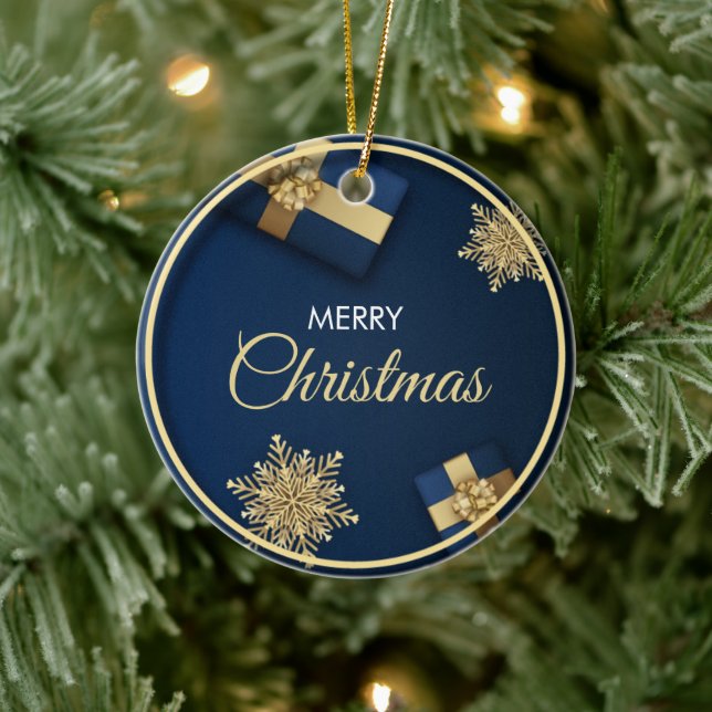 Adorno De Cerámica Tarjeta de Navidades Golden Snowflakes, Feliz Navi (Árbol)