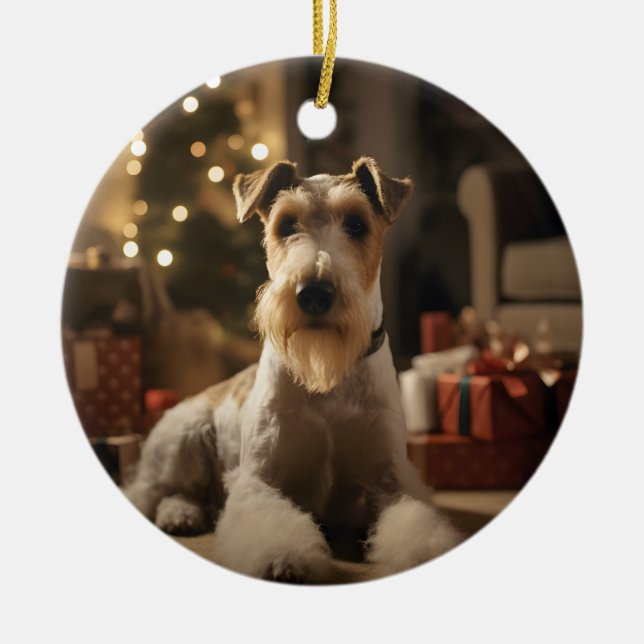 Adorno De Cerámica Tarjeta de Navidades Wire Hair Fox Terrier (Frente)