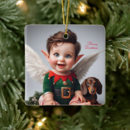Adorno De Cerámica Tarjeta Elf y Dachshund para Navidades bebés