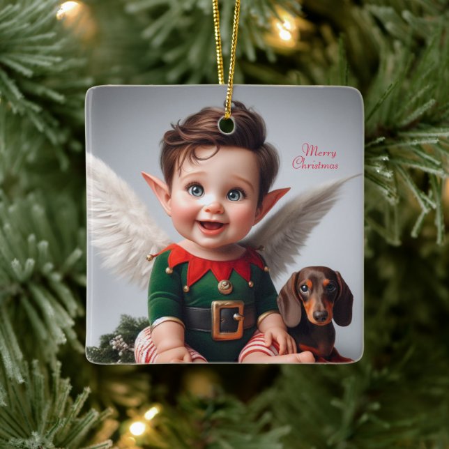 Adorno De Cerámica Tarjeta Elf y Dachshund para Navidades bebés (Árbol)