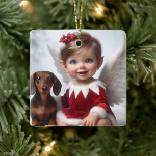 Adorno De Cerámica Tarjeta Elf y Dachshund para Navidades bebés
