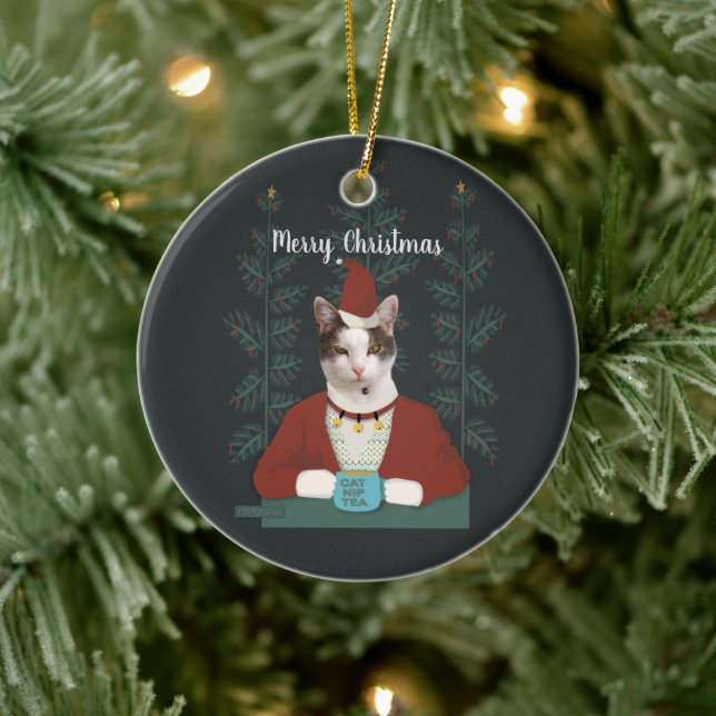 Adorno De Cerámica Tarjeta para Navidades de ropa de gato en Santa Cl (Árbol)