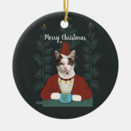 Adorno De Cerámica Tarjeta para Navidades de ropa de gato en Santa Cl