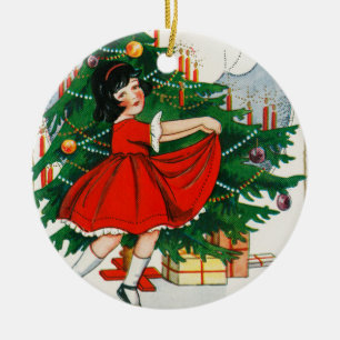 Adorno De Cerámica Tarjeta postal retro de Navidad, niño y árbol de N