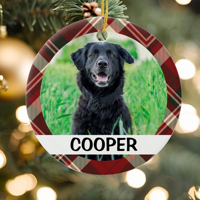 Adorno De Cerámica Tartán Colocó Foto Perra Personalizada Con Nombre (Tartan plaid ceramic ornament)