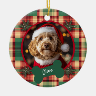 Adorno De Cerámica Tartan de Navidad con Foto de Perro Personalizada