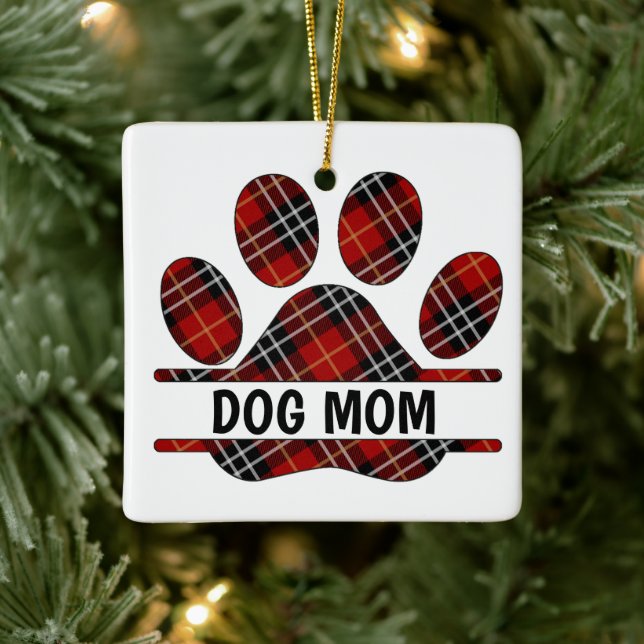 Adorno De Cerámica Tartan Plaid DOG MOM Pawprint (Árbol)