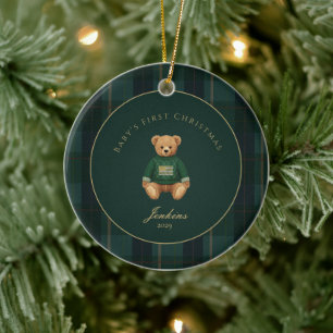 Adorno De Cerámica Tartan Plaid Verde Oscuro Primer Navidad del Bebe