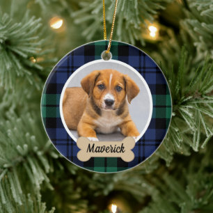 Adorno De Cerámica Tartan Plaid Verde y Azul Foto de Perro Personaliz