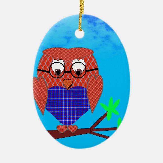Adorno De Cerámica Tartán y búho cardíaco (Frente)