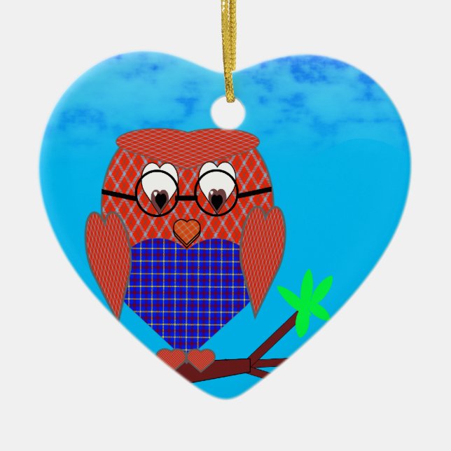 Adorno De Cerámica Tartán y búho cardíaco (Frente)