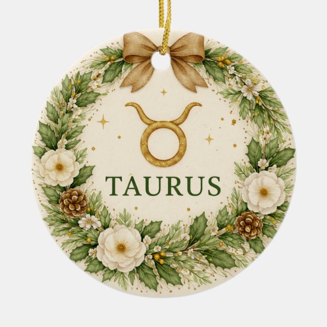 Adorno De Cerámica Taurus Zodiac Christmas Ornament – Winter Floral W (Frente)