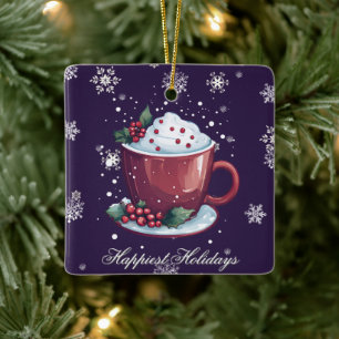 Adorno De Cerámica Taza de Chocolate Caliente de Navidad Púrpura