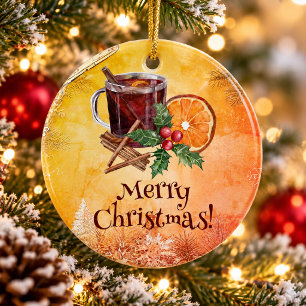 Adorno De Cerámica Taza de Navidad Naranja Acebo Fruta Canela Saludo