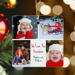 Adorno De Cerámica Te Queremos Abuela Personalizado Collage de fotos<br><div class="desc">Este adorable y personalizado adorno navideño de dos caras presenta un diseño moderno de 4 fotos familiares en un fondo blanco con tipografía roja y verde que lee We Love You Grandma . Este hermoso regalo de fotos de nietos muestra tu propio collage de fotografías que rodea tu mensaje personalizado...</div>