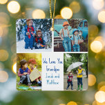Adorno De Cerámica Te Queremos Abuelo Personalizado Collage de fotos<br><div class="desc">Este adorable y personalizado adorno navideño de dos caras presenta un diseño moderno de 4 fotos familiares en un fondo blanco con tipografía azul leyendo We Love You Grandpa . Este hermoso regalo de fotos para nietos presenta su propio collage de fotografías que rodea su mensaje y nombres personalizados. Añade...</div>