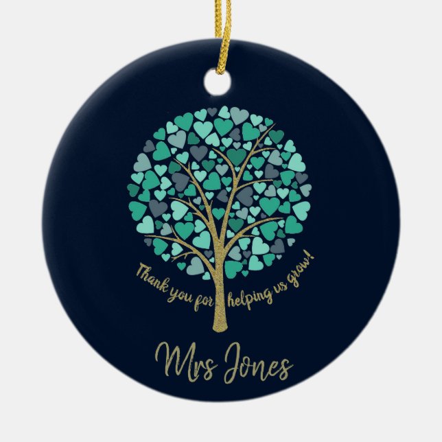 Adorno De Cerámica Teacher appreciation gift gold glitter heart tree (Frente)