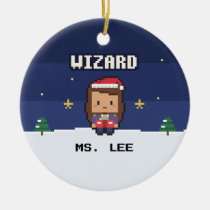 Adorno De Cerámica Teacher Gift Wizard Pixel Christmas Ornament