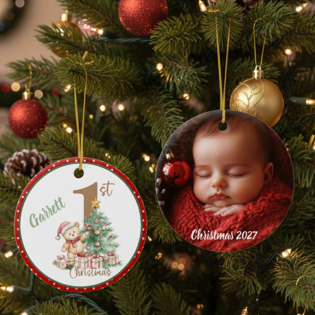 Adorno De Cerámica Teddy Bear 1st Christmas Photo (Baby's first Christmas photo ornament)