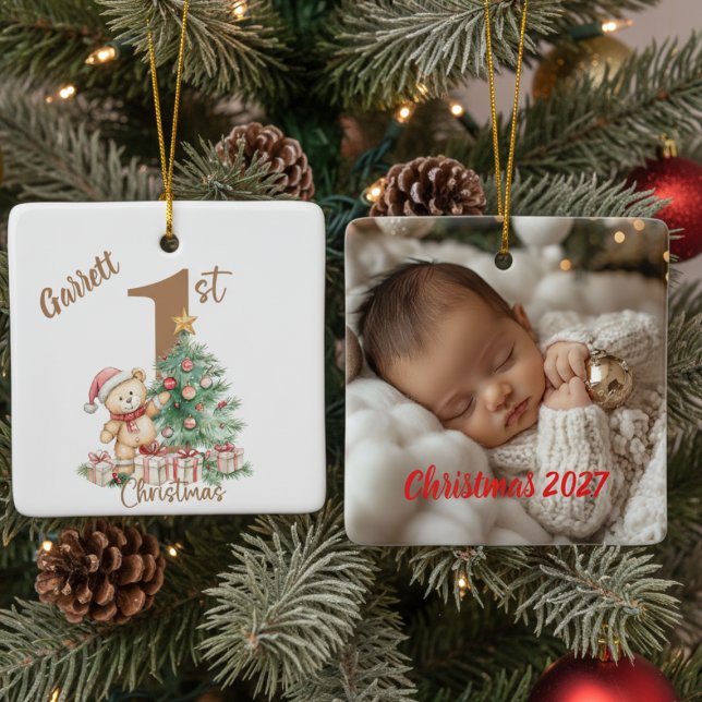 Adorno De Cerámica Teddy Bear 1st Christmas Photo (Teddy Bear baby first Christmas personalized photo ornament
)