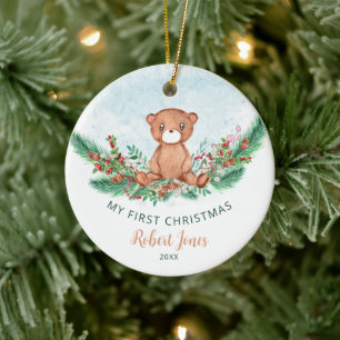 Adorno De Cerámica Teddy Bear Bebé Primer Navidades Verdor