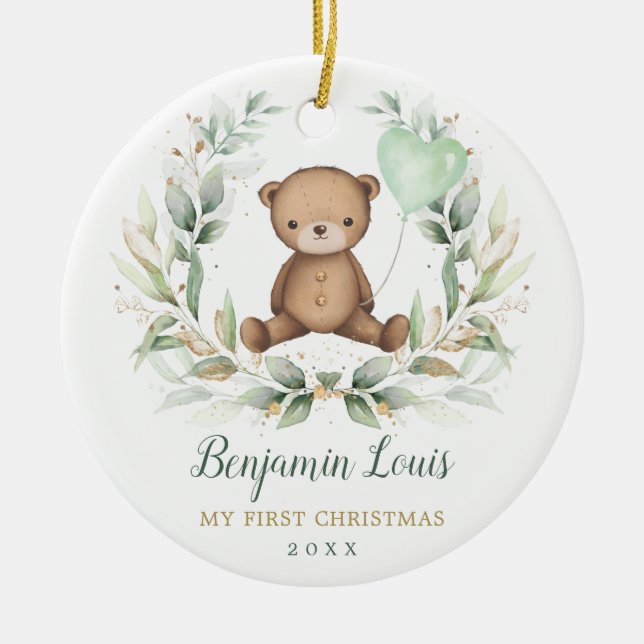 Adorno De Cerámica Teddy Bear Bebé Primer Navidades Verdor Oro (Frente)