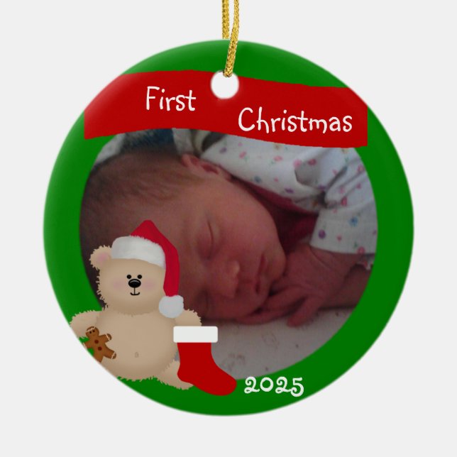 Adorno De Cerámica Teddy Bear Custom First Christmas Ornament (Frente)