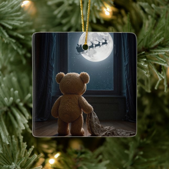 Adorno De Cerámica Teddy Bear Watching Santa Claus (Árbol)