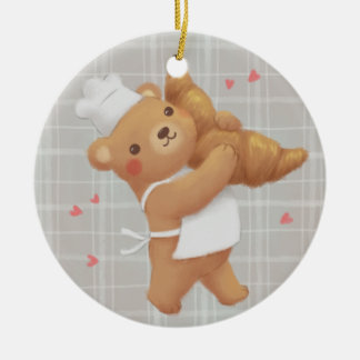Adorno De Cerámica Teddy el panadero con croissant