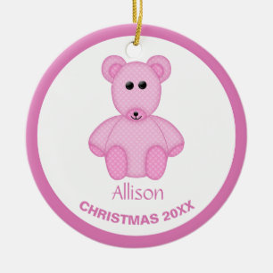 Adorno De Cerámica Teddybear rosado con copo de nieve personalizado