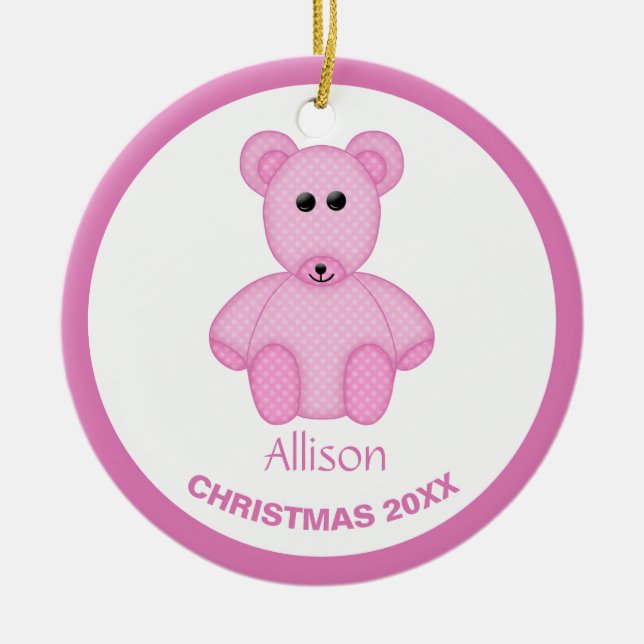 Adorno De Cerámica Teddybear rosado con copo de nieve personalizado (Frente)
