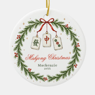 Adorno De Cerámica Teja de Mahjong Clásica Corona de Navidad