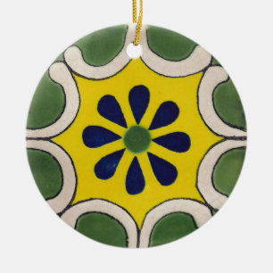 Adorno De Cerámica Teja de Talavera en verde y amarillo