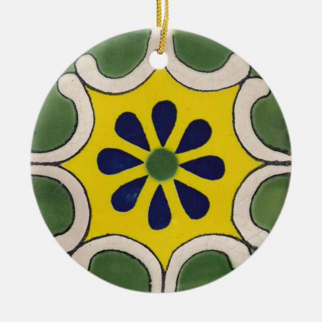 Adorno De Cerámica Teja de Talavera en verde y amarillo (Frente)