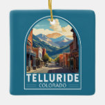 Adorno De Cerámica Telluride Colorado Travel Art Vintage<br><div class="desc">Diseño de viaje vector tellurida retro en estilo emblema. Telluride,  un antiguo pueblo minero victoriano de las Montañas Rocosas de Colorado,  se encuentra en un cañón de caja entre picos boscosos en la base de un popular complejo de esquí y golf.</div>