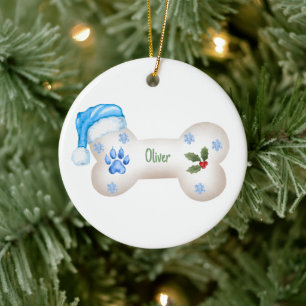 Adorno De Cerámica Tema Azul Hueso de Perro Personalizable Navidad