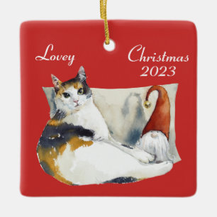 Adorno De Cerámica Tema de Navidad Gnomo Gato Calico acuarela Cerámic