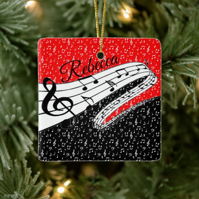 Adorno De Cerámica Tema musical rojo y negro personalizado (Árbol)