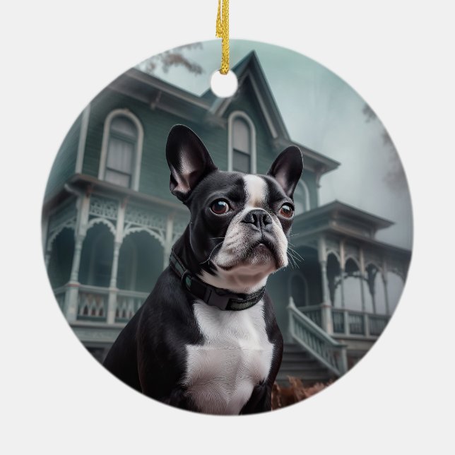 Adorno De Cerámica Temeroso susto de Halloween en Boston Terrier (Atrás)