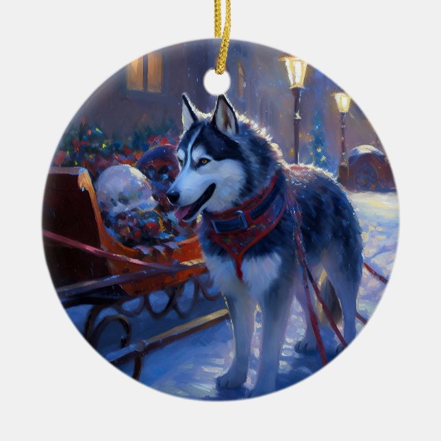 Adorno De Cerámica Temporada festiva de los Navidades Husky siberiano (Frente)