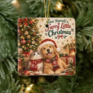 Adorno De Cerámica Ten un pequeño y peludo Navidad con gato y perro