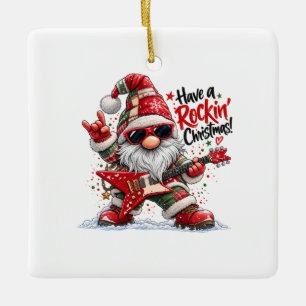 Adorno De Cerámica Tenga un gnomo de guitarra de Navidad rockera