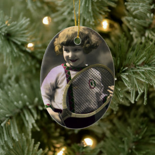 Adorno De Cerámica Tenis deportivo vintage, niña feliz con raqueta