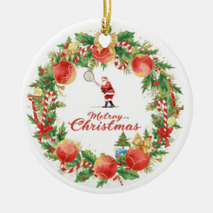 Adorno De Cerámica Tenis Navidad con Papá Noel con corona de pelotas