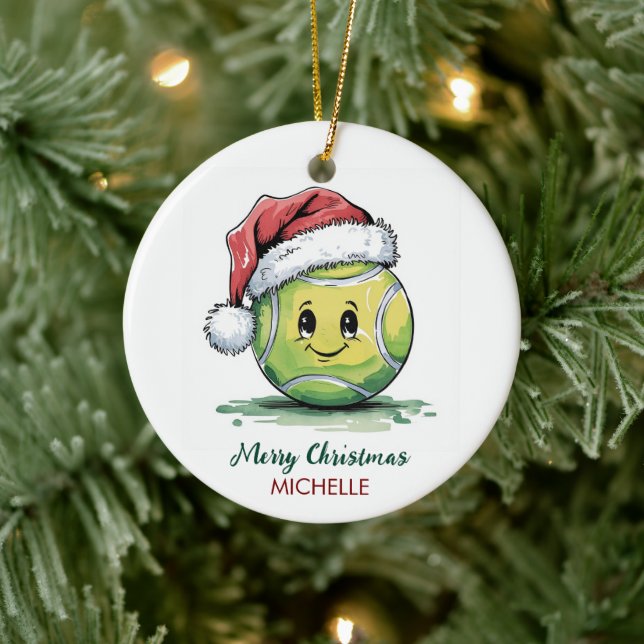 Adorno De Cerámica  Tennis Ball with Santa Hat Custom Christmas       (Árbol)