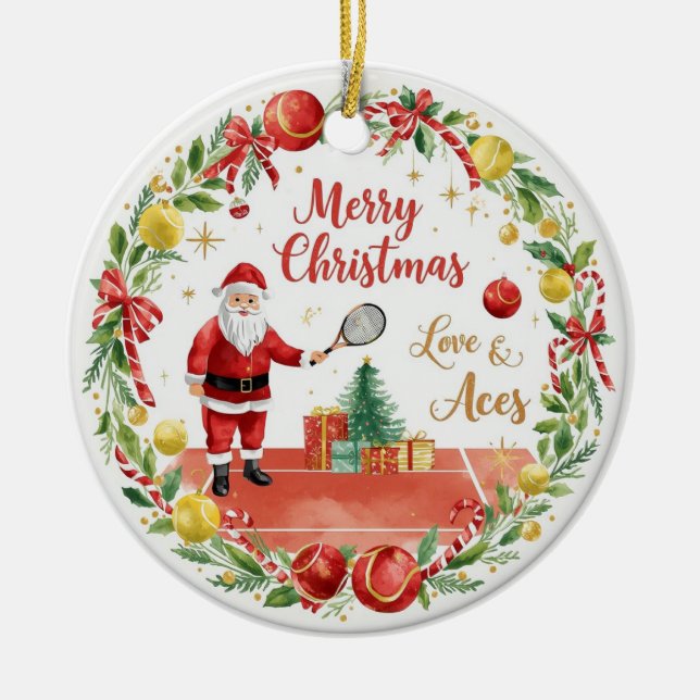 Adorno De Cerámica Tennis Christmas with Santa Claus with ball wreath (Frente)